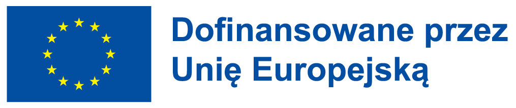 Po lewej stronie flaga Unii Europejskiej. Napis po prawej "Dofinansowane przez Unię Europejską".